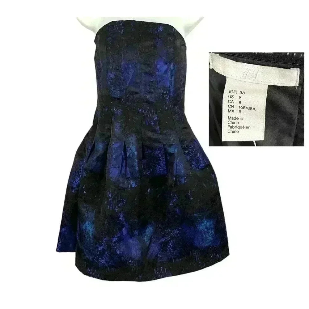 Blue-Black Strapless Fit Flare Dress with Pockets Sz 8 NWT H&M Women's